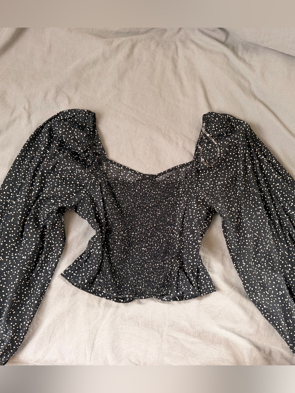 a new day Black Polka Dot Smocked Puff-Sleeve Blouse